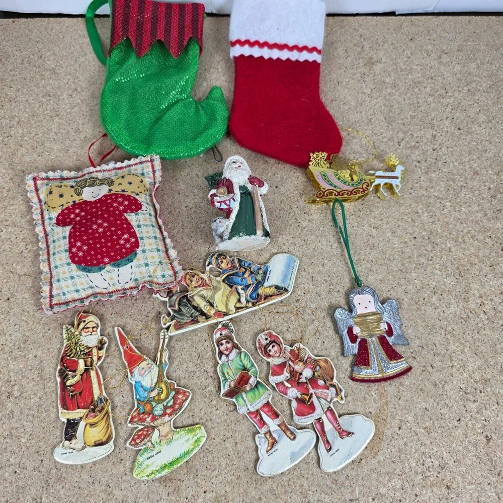 Vintage Christmas Ornaments Lot Santa ‎ Angel Sleigh Bells Retro Holiday Decor